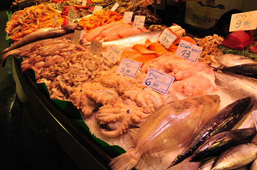 raw fish on clear glass display counter
